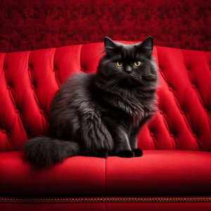 chat noir sur coussin rouge IA